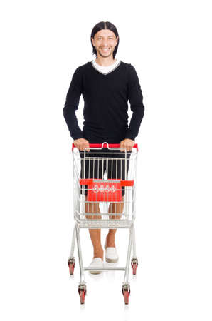 Man shopping with supermarket basket cart isolated on whiteの写真素材