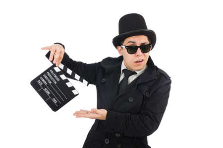 Man with movie clapper isolated on whiteの写真素材