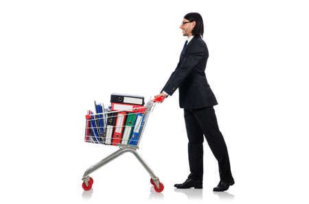 Man with business folders isolated on whiteの写真素材