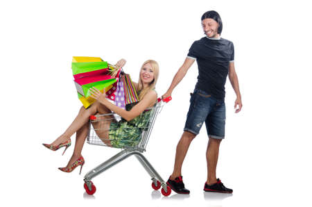 Happy family pair of wife and husband after shoppingの写真素材