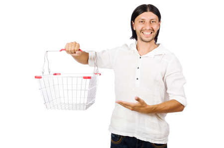 Man shopping with supermarket basket cart isolated on whiteの写真素材