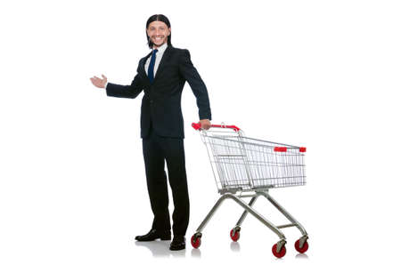 Man shopping with supermarket basket cart isolated on whiteの写真素材