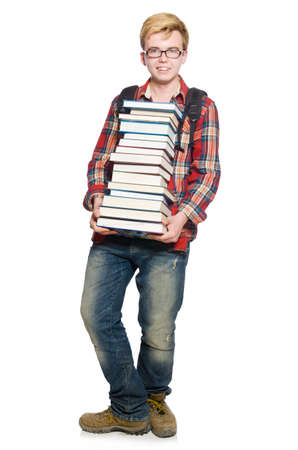 Funny student with lots of booksの写真素材
