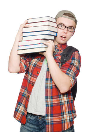 Funny student with stack of booksの写真素材
