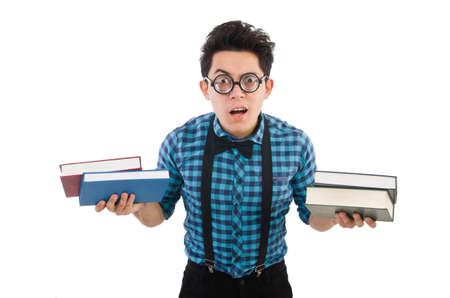 Funny student with stack of books