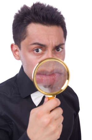 Funny man with magnifying glassの写真素材