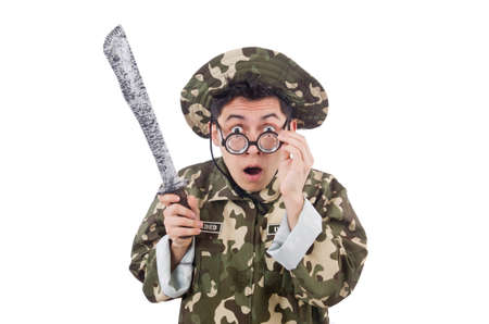 Funny soldier with knife on whiteの写真素材