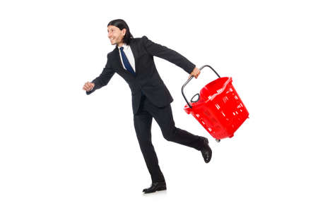 Man shopping with supermarket basket cart isolated on whiteの写真素材