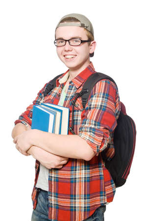 Funny student with stack of booksの写真素材