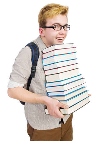 Funny student with stack of booksの写真素材