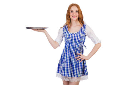 Nice attractive waitress isolated on the whiteの写真素材