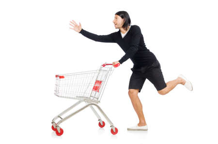 Man shopping with supermarket basket cart isolated on whiteの写真素材