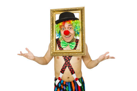 Clown with picture frame isolated on whiteの写真素材