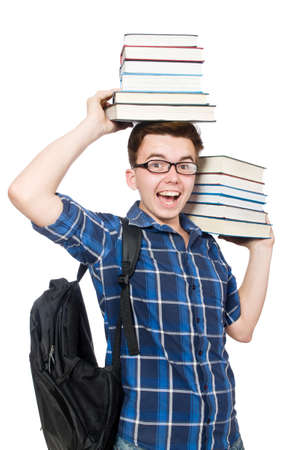 Funny student with stack of booksの写真素材