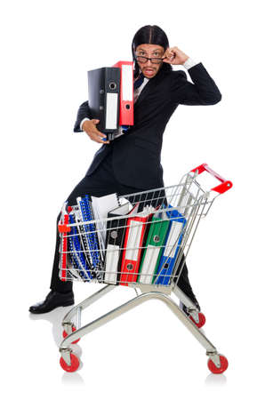 Man with business folders isolated on whiteの写真素材
