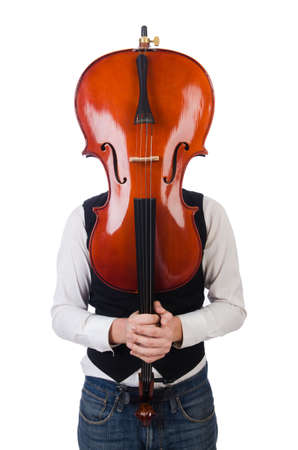 Funny man with violin on whiteの写真素材