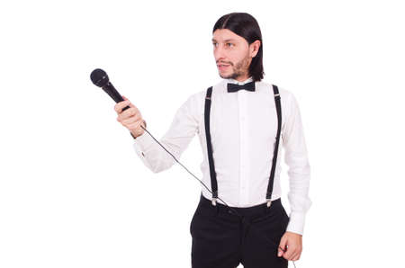 Funny man singing isolated on the whiteの写真素材