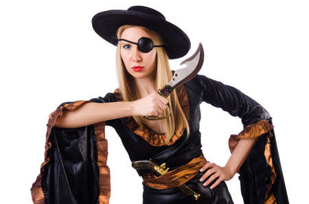Woman in pirate costume isolated on whiteの写真素材