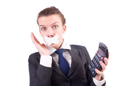 Woman with calculator in fraud concept isolated on whiteの写真素材