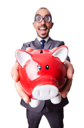 Funny man with piggybank on whiteの写真素材