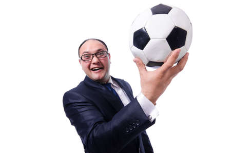 Funny man with football isolated on whiteの写真素材