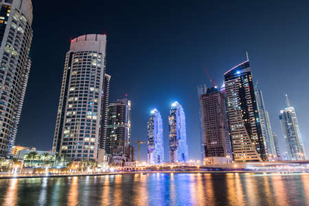 Dubai marina skyscrapers during night hoursのeditorial素材
