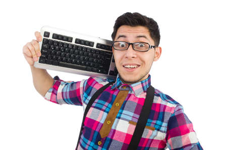 Computer nerd with keyboard isolated on whiteの写真素材