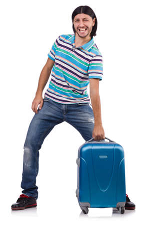 Young man travelling with suitcases isolated on whiteの写真素材