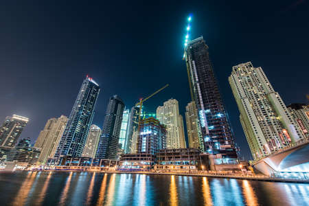 Dubai marina skyscrapers during night hoursのeditorial素材