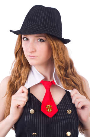 Woman dressed as gangster isolated on whiteの写真素材