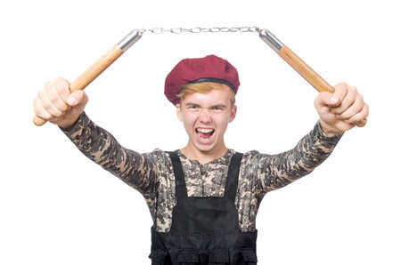 Funny soldier isolated on whiteの写真素材