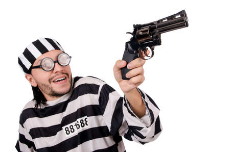 Prison inmate with gun isolated on white