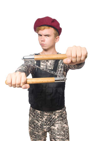 Funny soldier isolated on whiteの写真素材