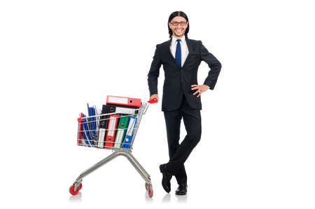 Man with business folders isolated on whiteの写真素材