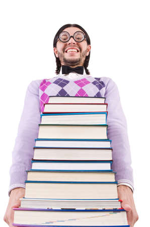 Funny student with books isolated on whiteの写真素材