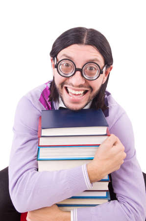 Funny student with books isolated on whiteの写真素材