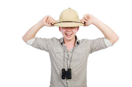 Man in safari hat in hunting conceptの写真素材