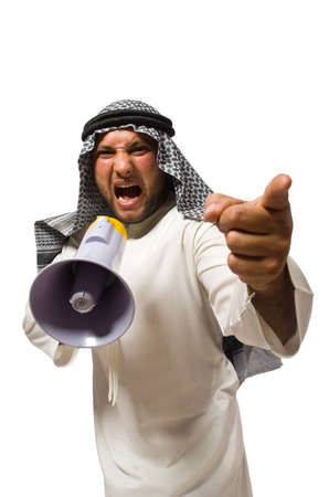 Arab man with loudspeaker isolated on whiteの写真素材