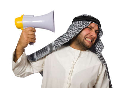 Arab man with loudspeaker isolated on whiteの写真素材