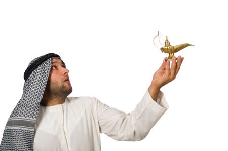 Arab man with lamp isolated on whiteの写真素材