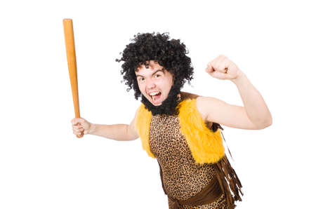 Funny cave man with baseball bat isolated on whiteの写真素材