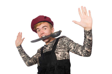 Funny soldier in military concept isolated on the whiteの写真素材