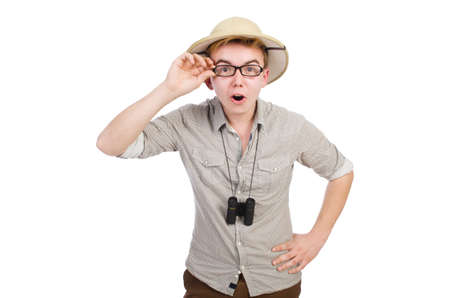 Man in safari hat in hunting conceptの写真素材