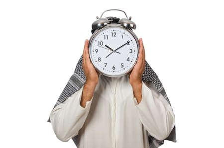 Arab man with clock isolated on whiteの写真素材