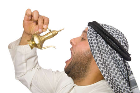Arab man with lamp isolated on whiteの写真素材