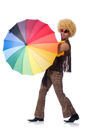 Man with umbrella isolated on whiteの写真素材