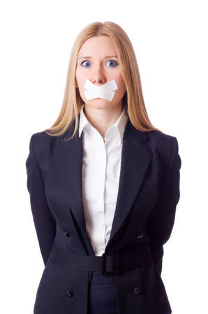 Businesswoman in censorship concept isolated on whiteの写真素材