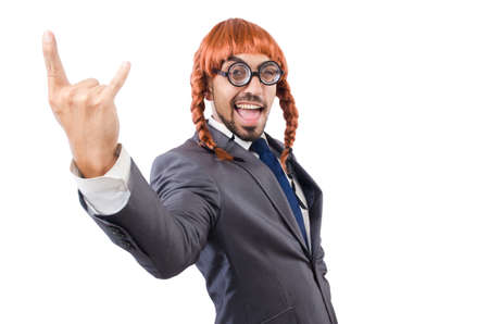 Funny businessman with female wig isolated on whiteの写真素材