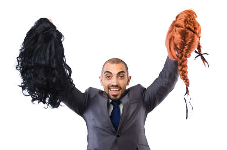 Funny businessman with female wig isolated on whiteの写真素材