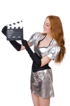 Woman in tech concept isolated on whiteの写真素材